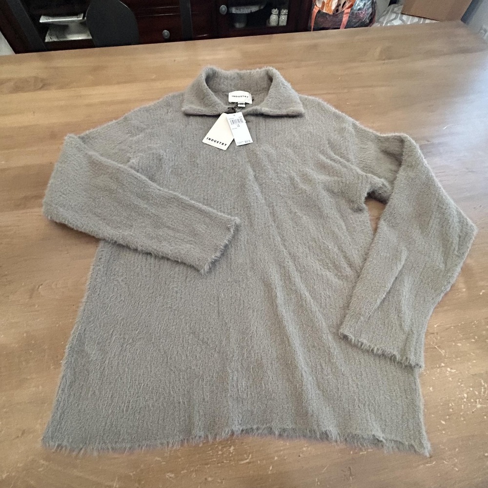 Industry Sweater Womens Large Beige Taupe Collared Fuzzy Knit Pullover NWT